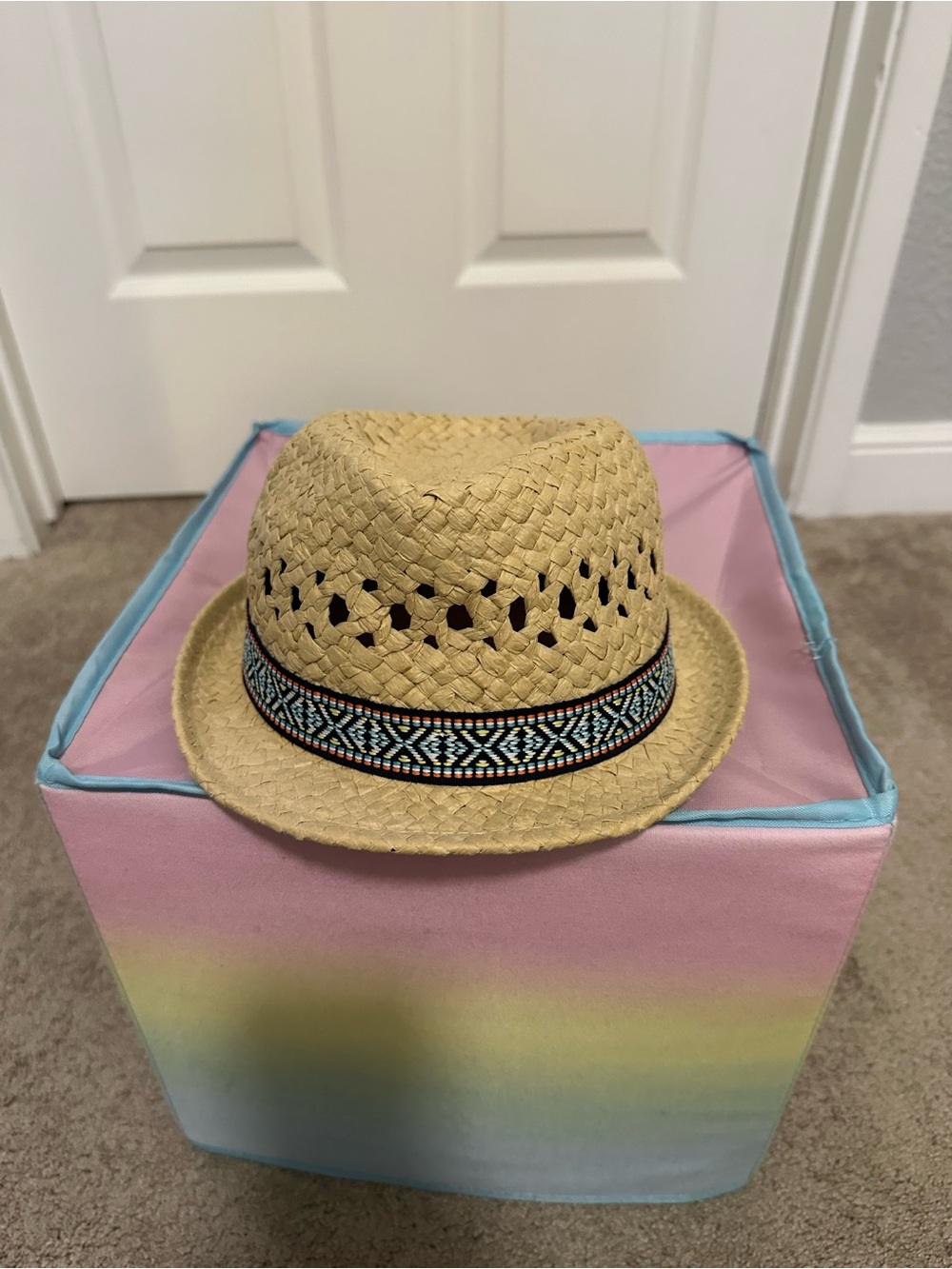 The Children's Place Natural Straw Fedora with Blue Patterned Band
